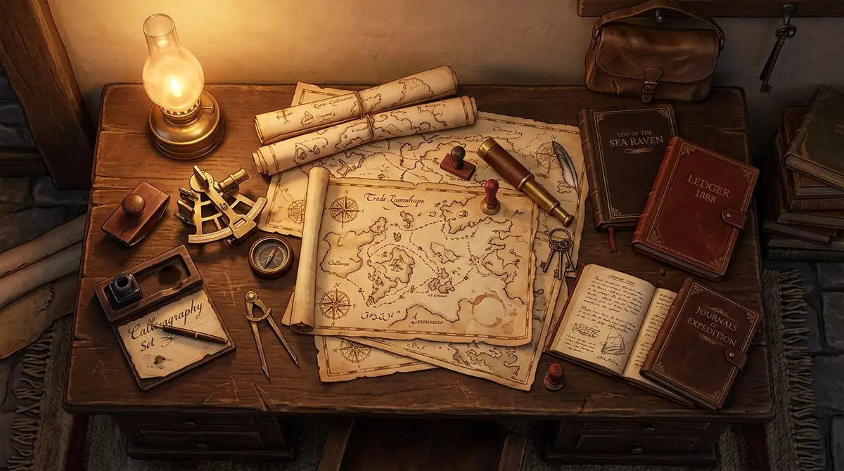 Wooden desk with maps and navigation tools