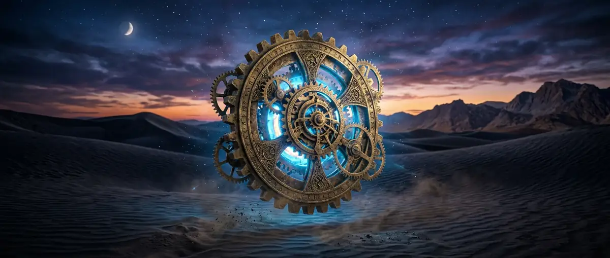 Mysterious brass gear half buried in sand